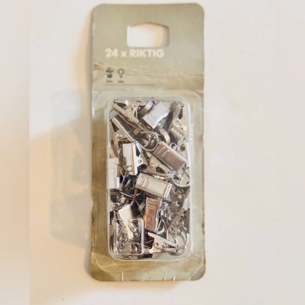 IKEA Riktig set of 24 stainless steel hooks w clips for Photos or curtains NWT